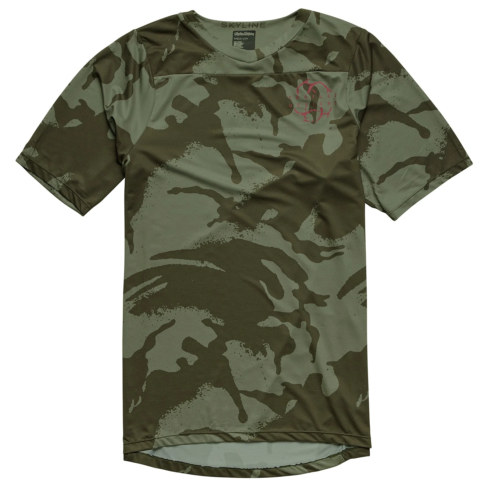 Camouflage t-shirt with a brand logo on a white background