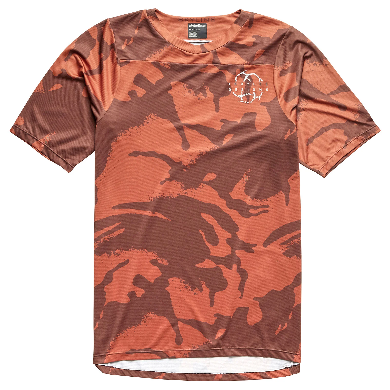Camouflage-patterned t-shirt on a white background