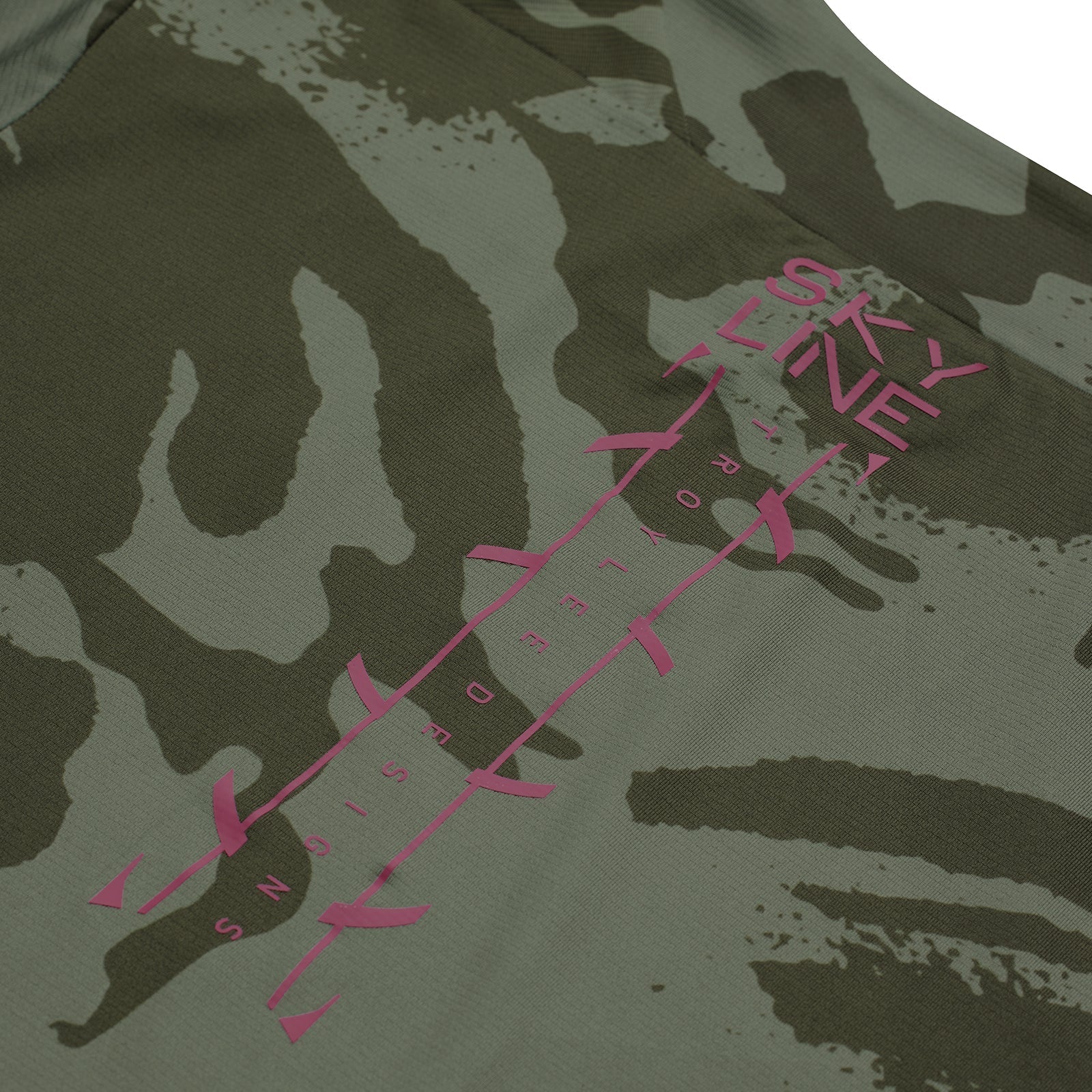 Camouflage fabric with pink text and design