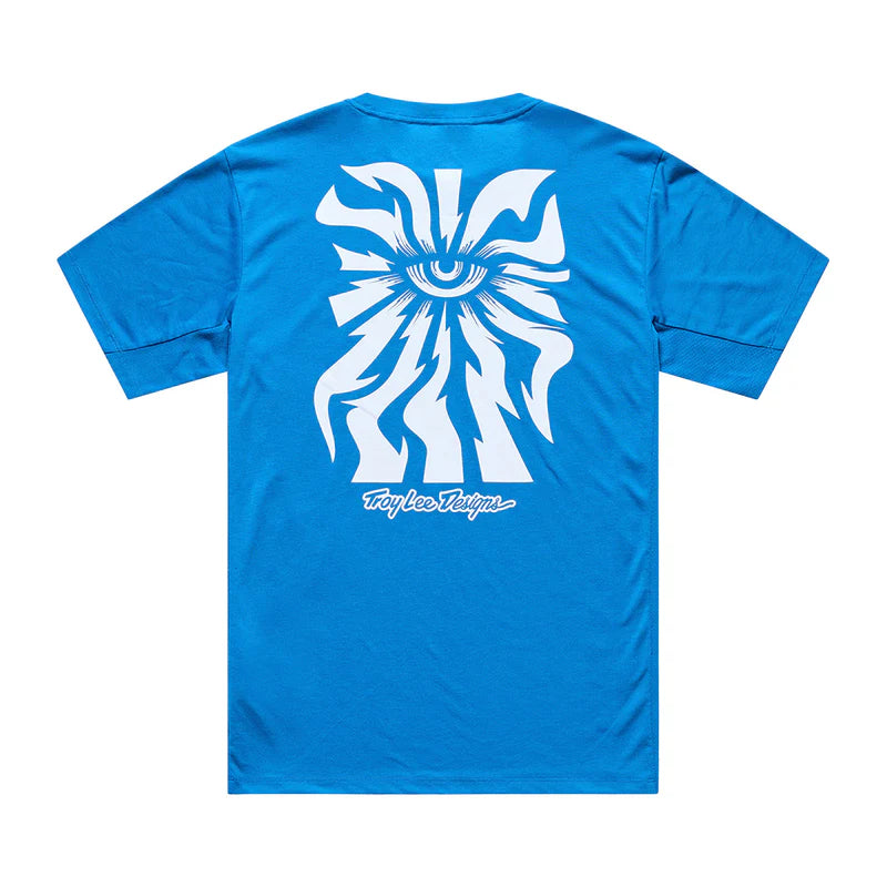 Blue t-shirt with a white graphic design on the back against a white background
