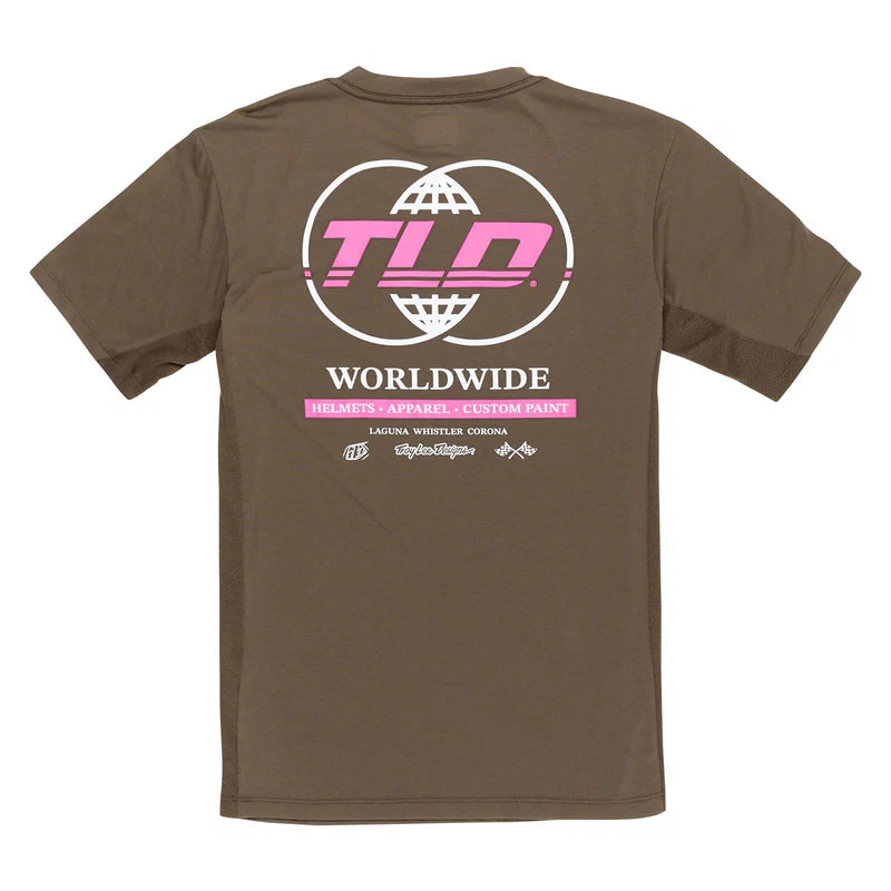 Brown t-shirt with pink and white graphics on the back on a white background