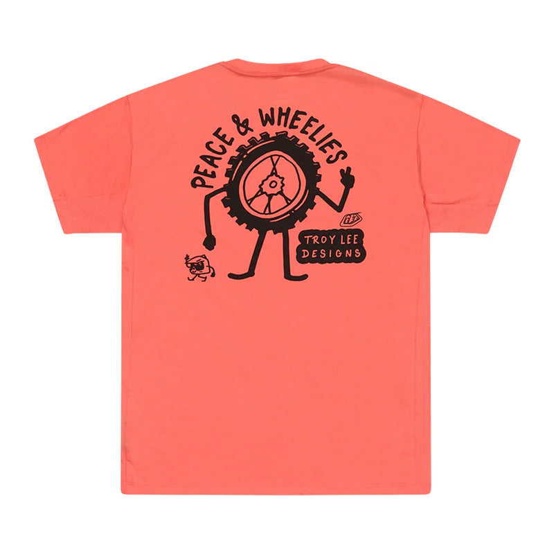 Coral t-shirt with black graphic design on the back on a white background