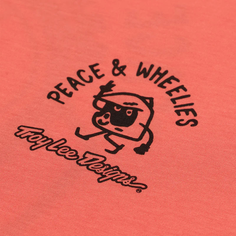 Logo with text 'Peace & Wheelies' and a cartoon character on a pink background