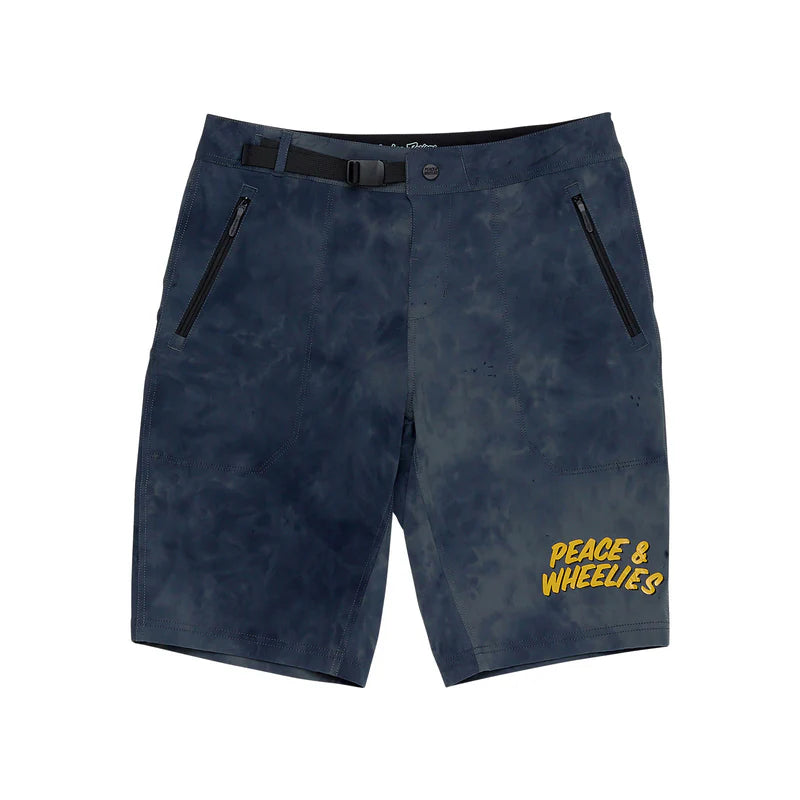 Blue shorts with 'Peace & Wheelies' text on a white background