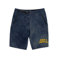 Blue shorts with 'Peace & Wheelies' text on a white background