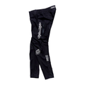 Black pants with white branding on a white background