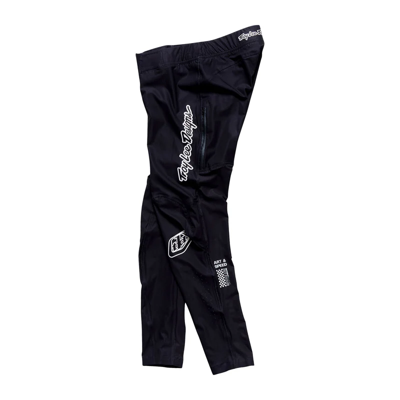 Black pants with white branding on a white background