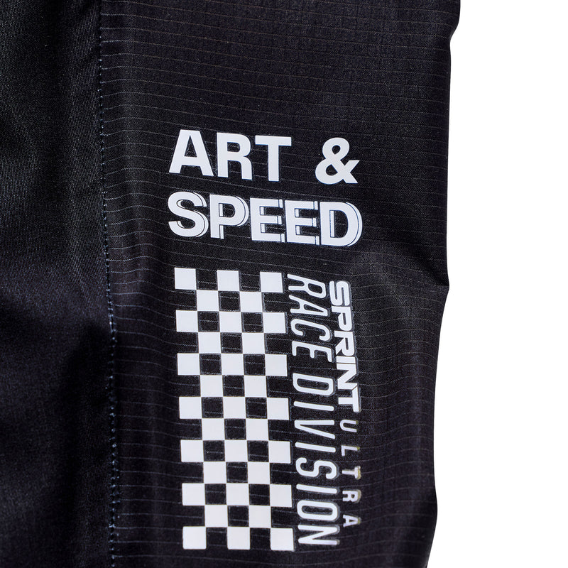 Black jacket with 'Art & Speed' and 'Sprint Ultra Race Division' text on a white background