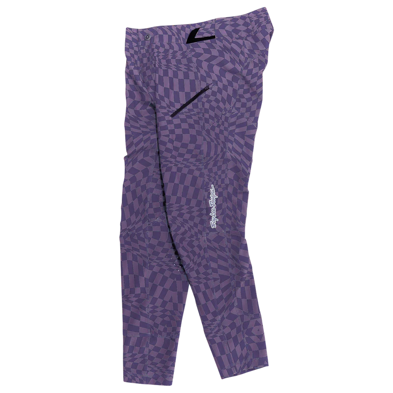 Purple patterned leggings with a brand logo on a white background