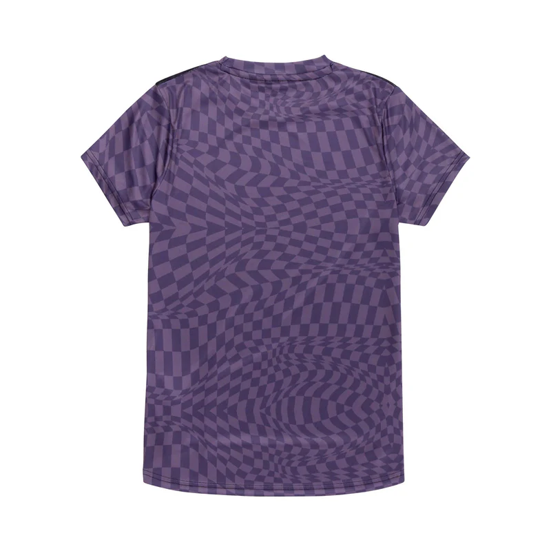 Purple t-shirt with geometric pattern on a white background
