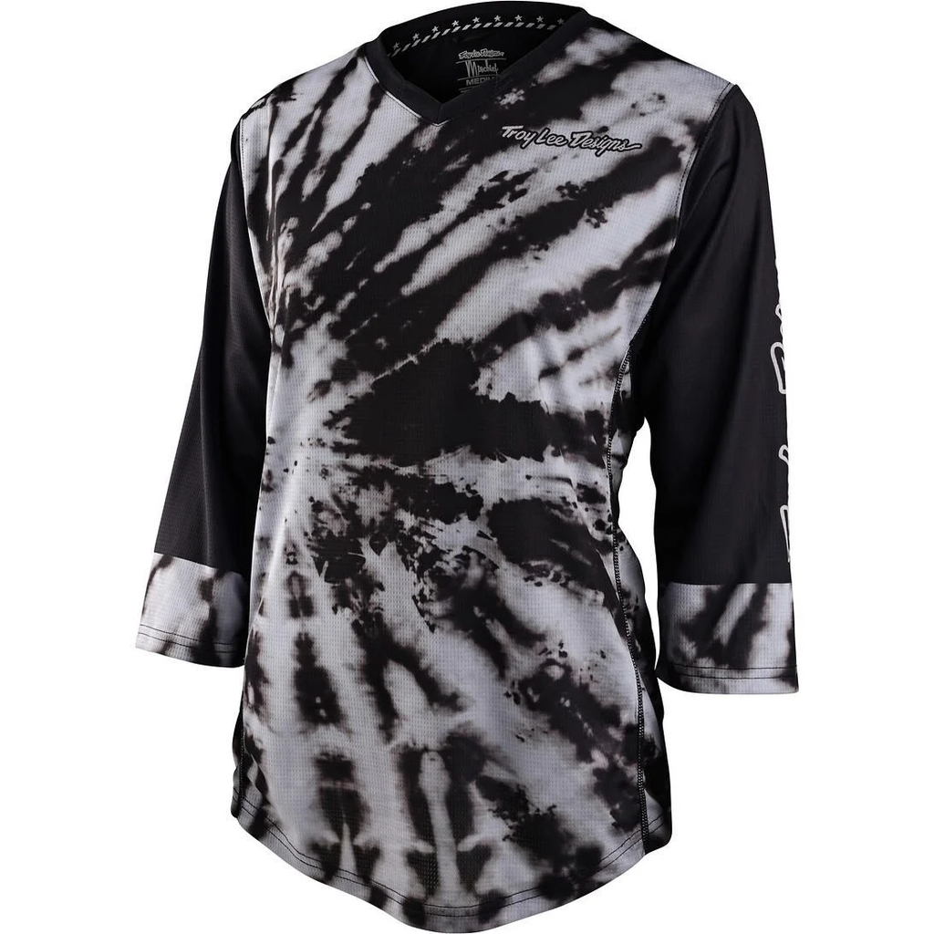 Black and white tie-dye shirt with 3/4 sleeves on a white background