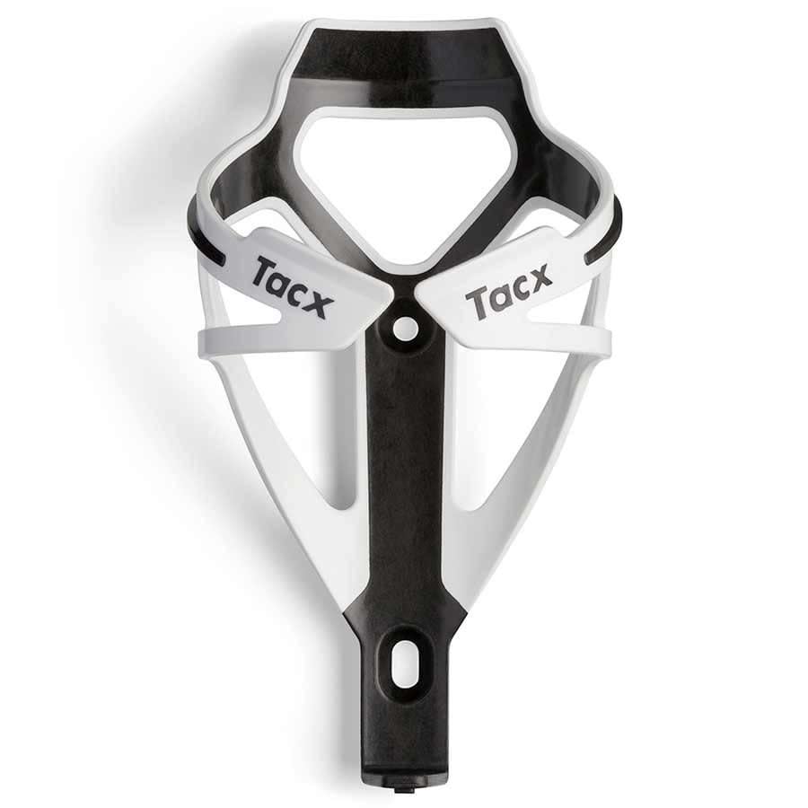 Black and white Tacx bike bottle holder on a white background