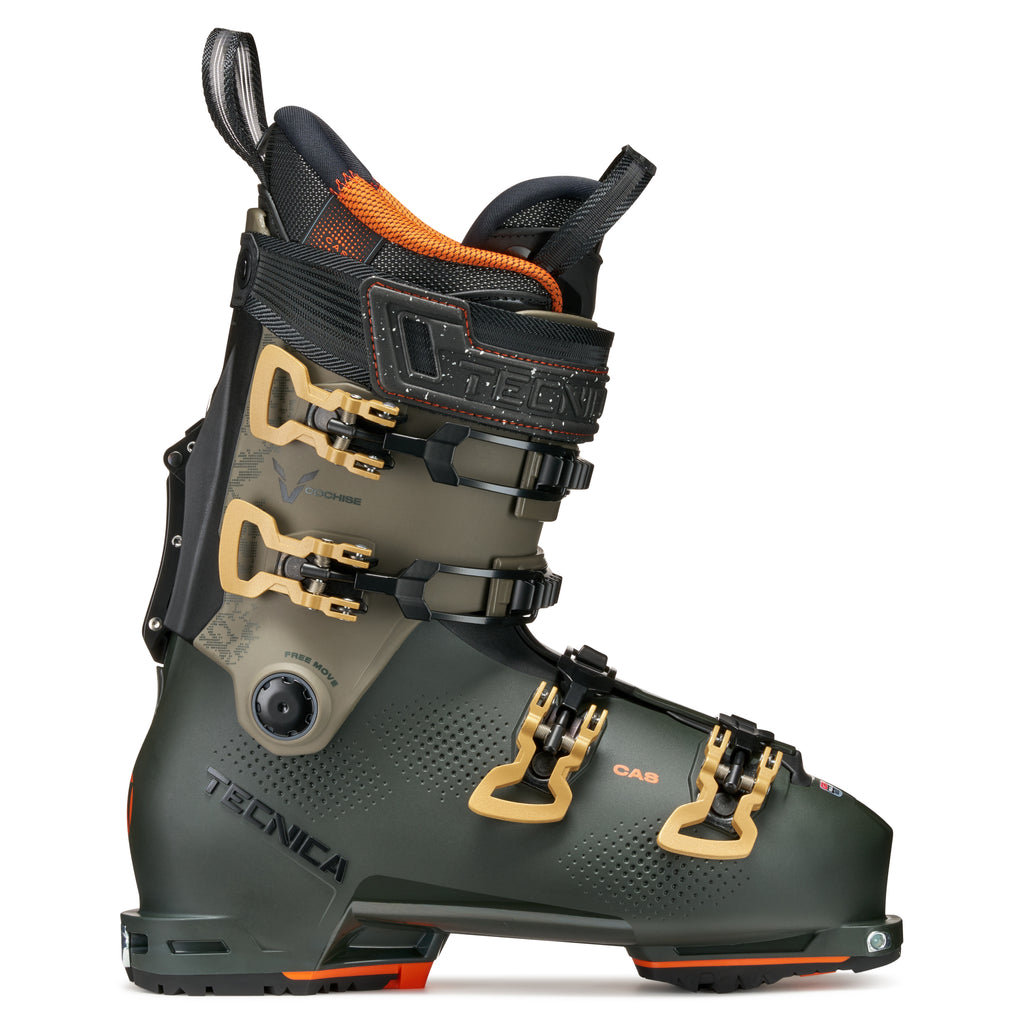 Ski boot with black, gold, and orange design on a white background