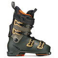 Ski boot with black, gold, and orange design on a white background
