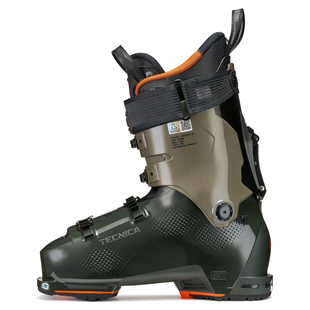 Green ski boot with black and orange accents on a white background