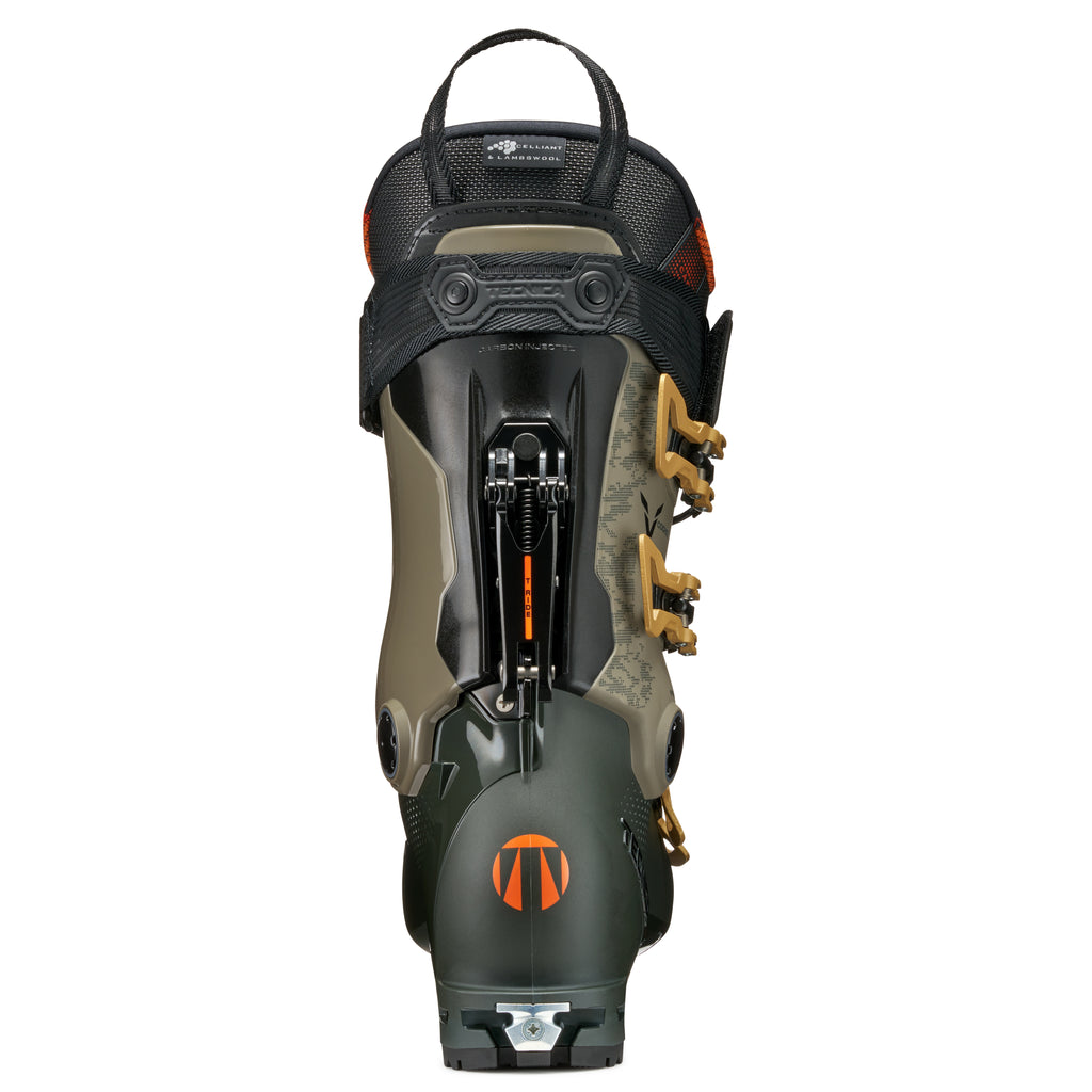 Black and brown ski boot with visible brand logo on a white background