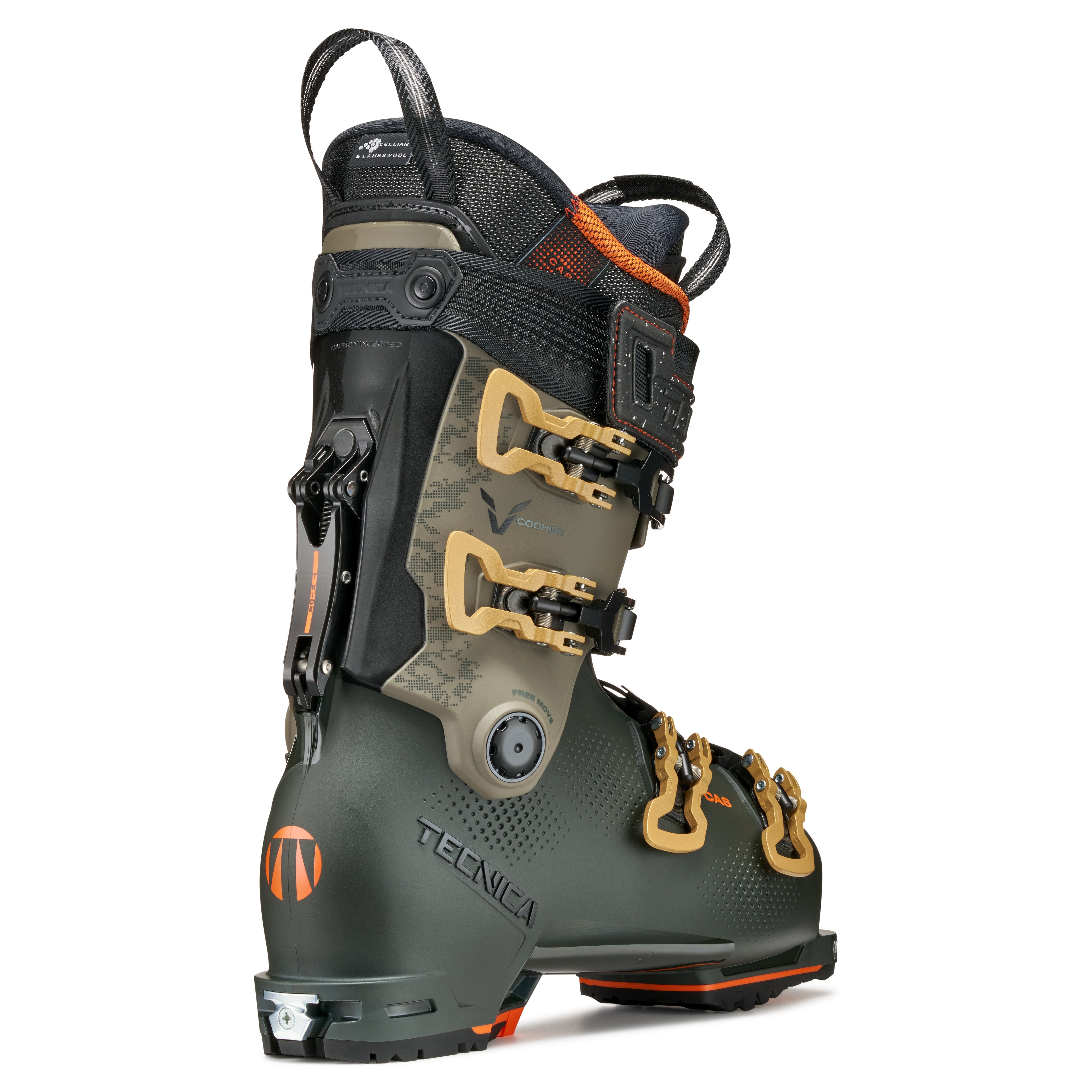 Ski boot with black, gray, and orange design on a white background