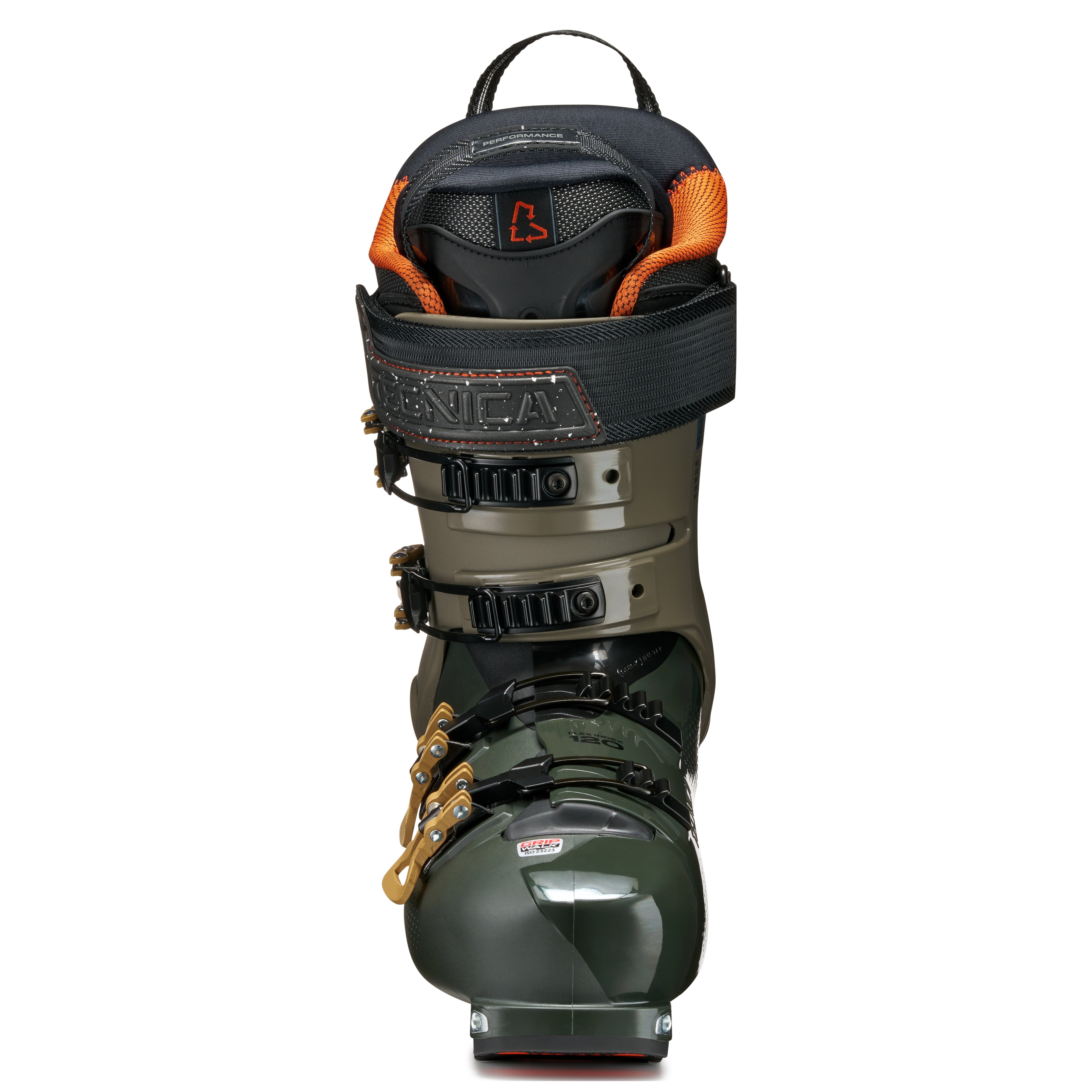 Ski boot with visible brand logo on a white background