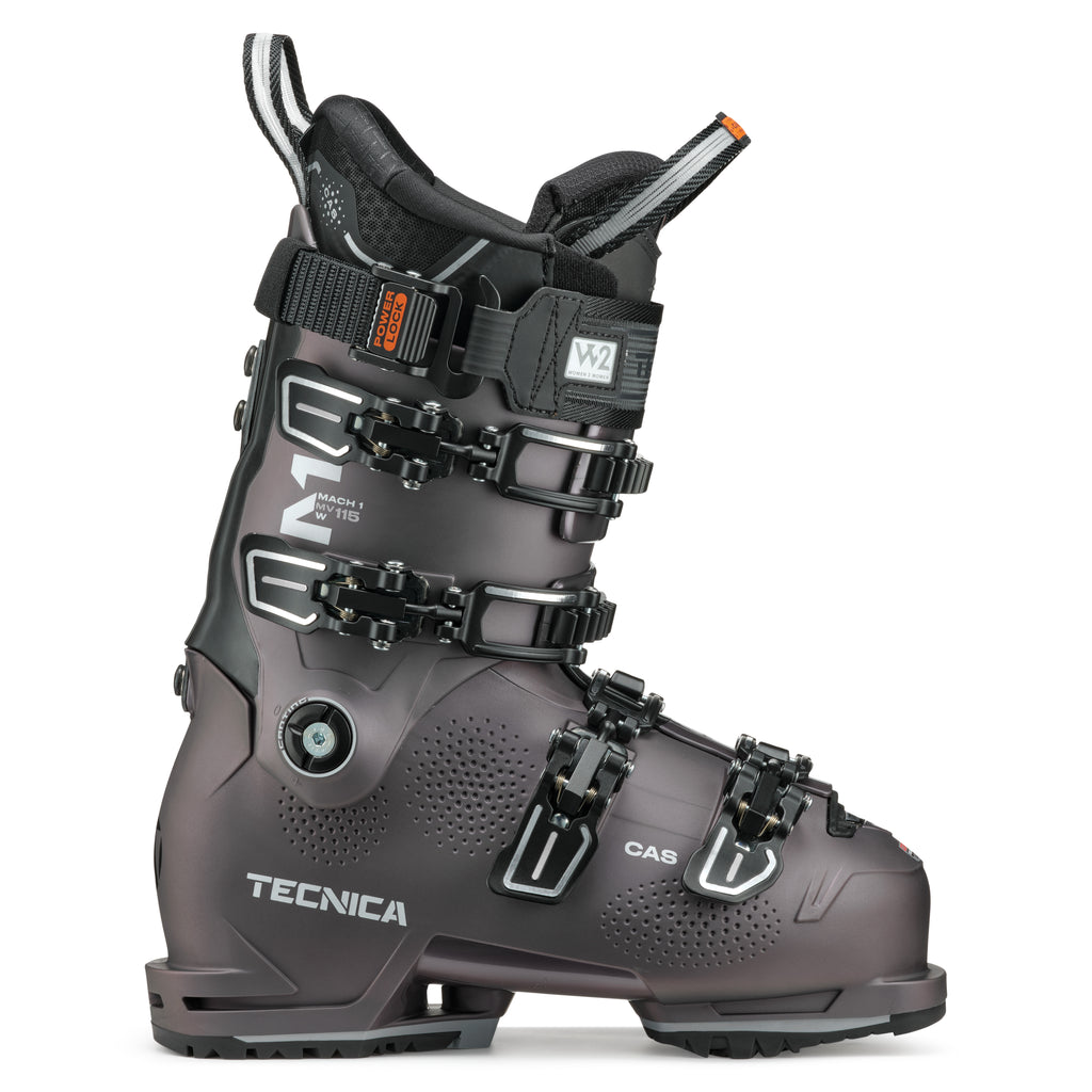 Gray ski boot with black straps on a white background