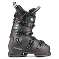 Gray ski boot with black straps on a white background