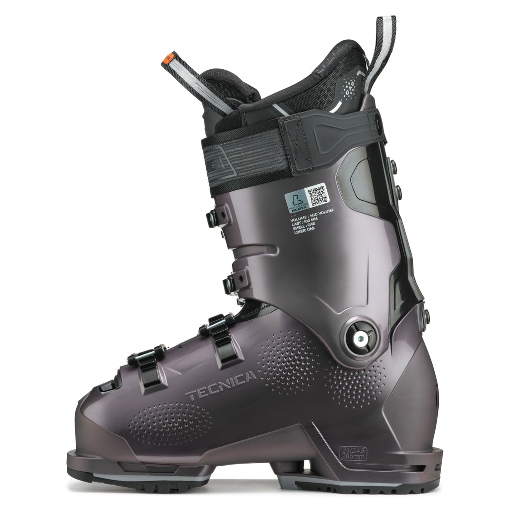 Gray ski boot with 'Tecnica' branding on a white background