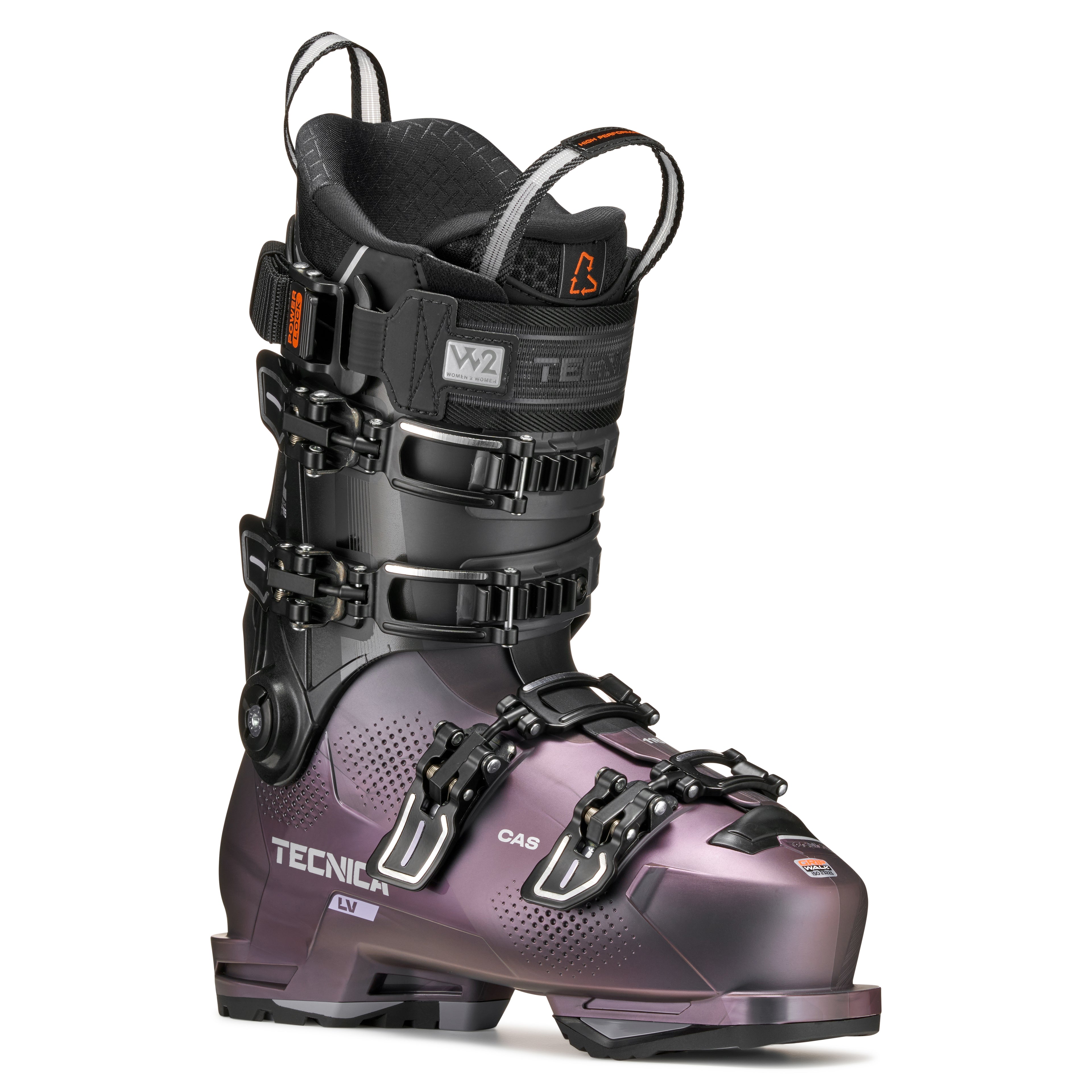 Black and purple ski boot with Tecnica branding on a white background