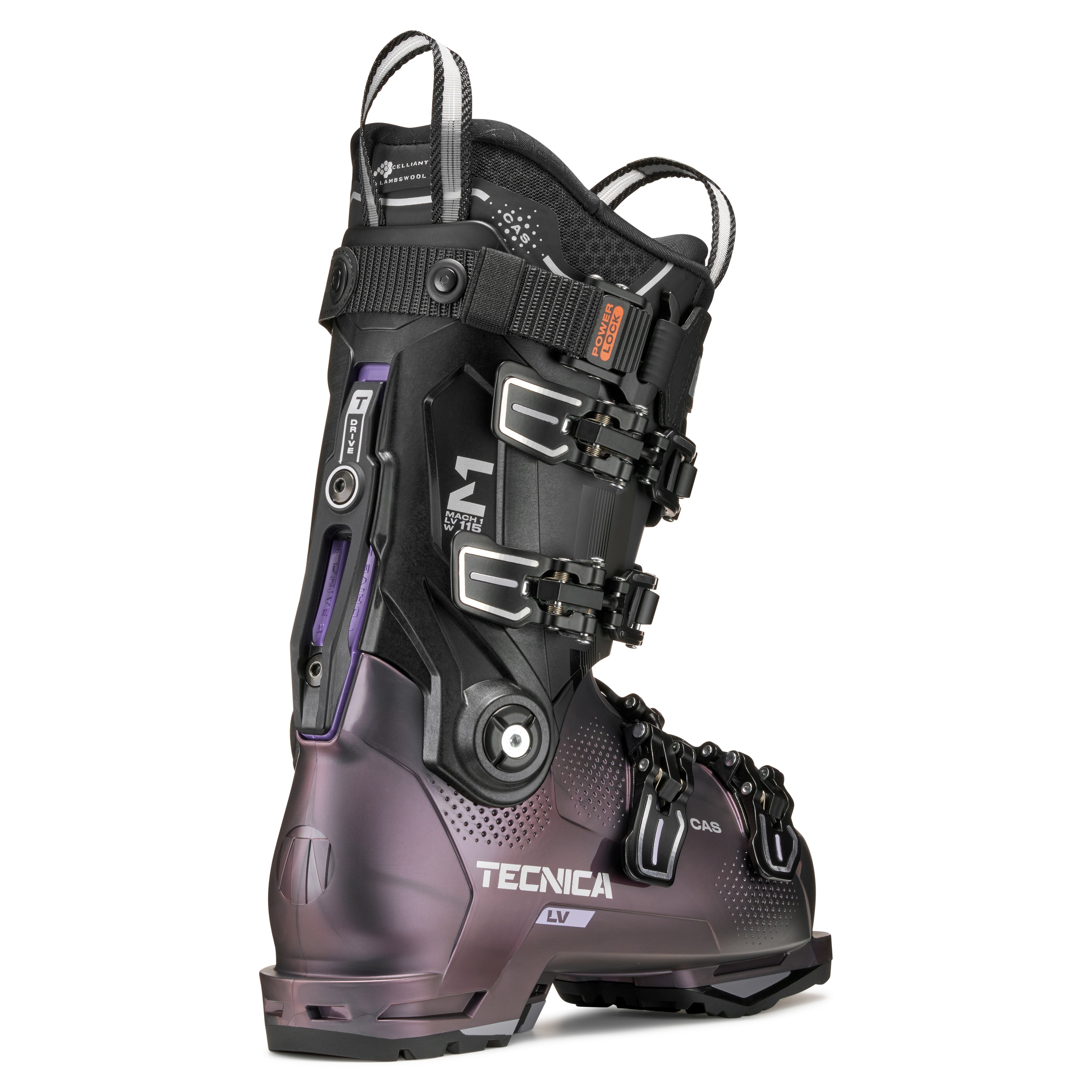 Black and purple Tecnica ski boot on a white background