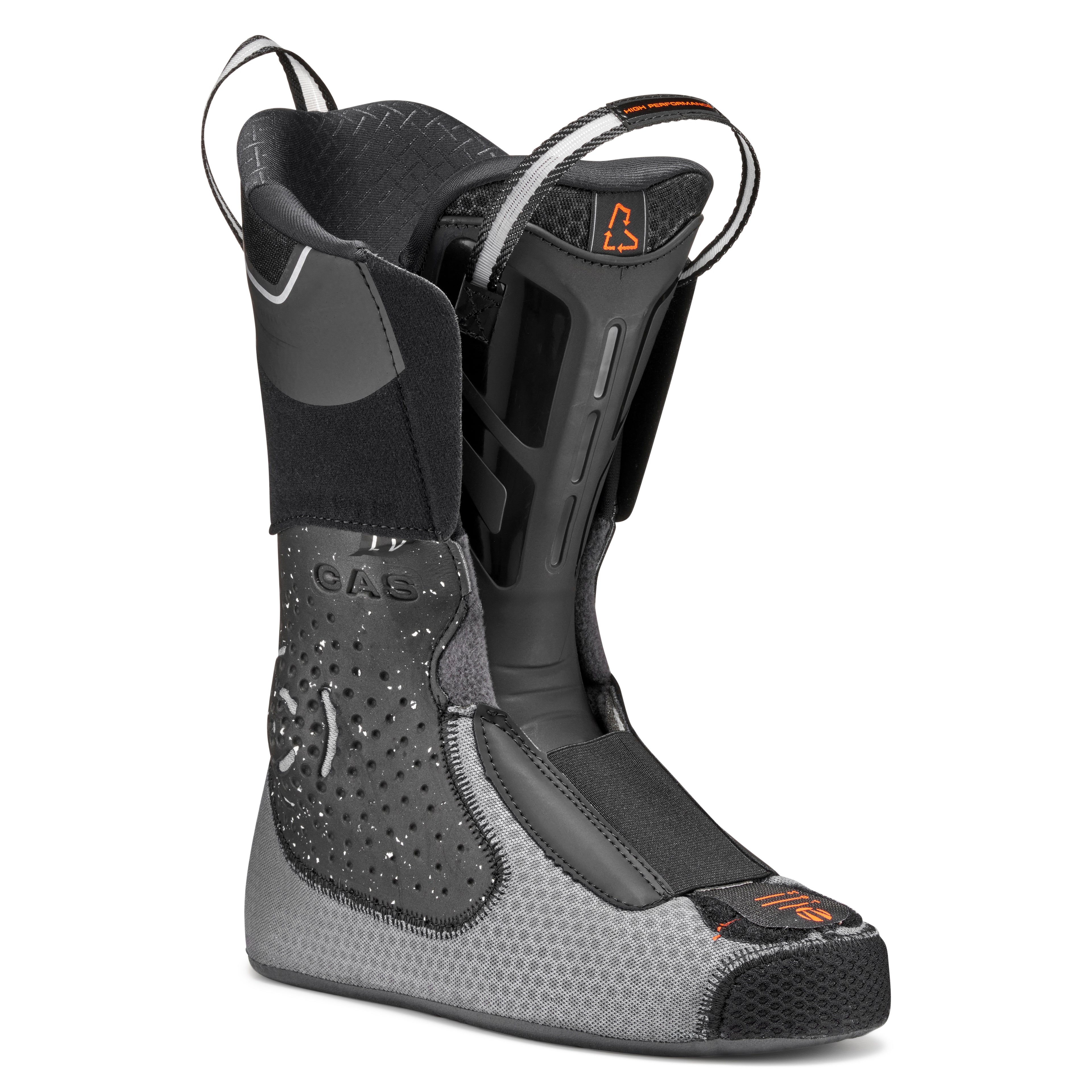 Black and gray boot with visible branding on a white background