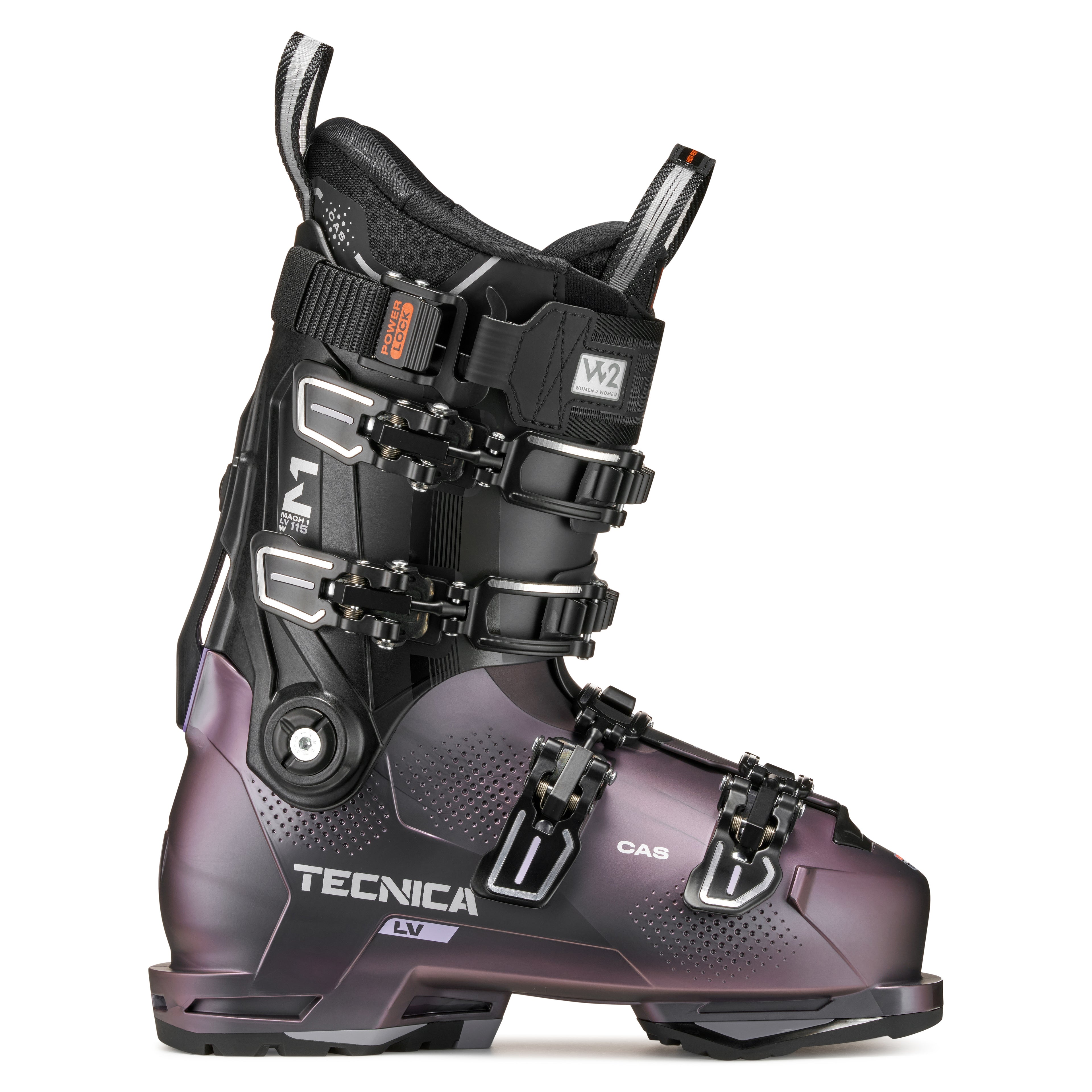 Black and purple ski boot with Tecnica branding on a white background