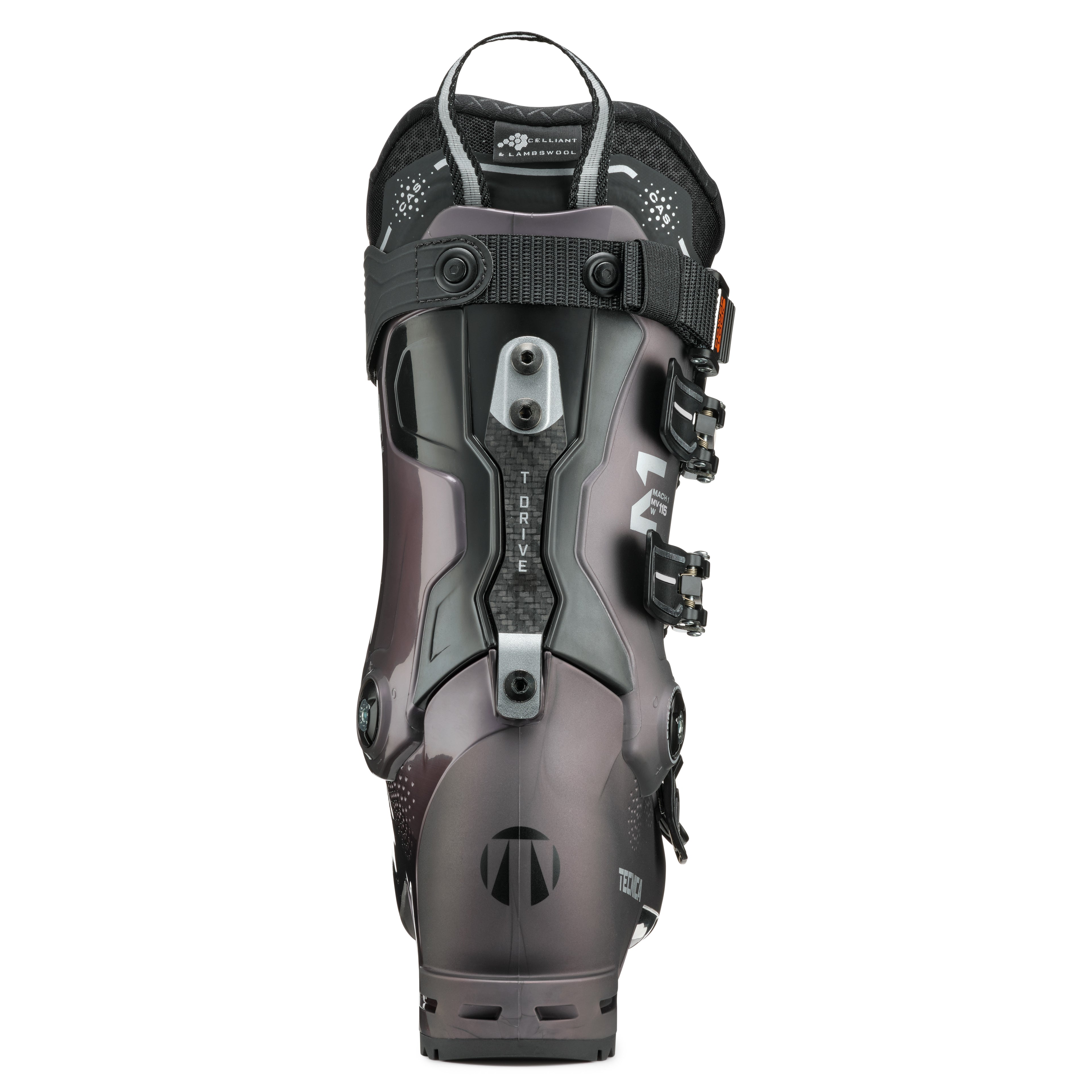 Gray ski boot with black accents on a white background