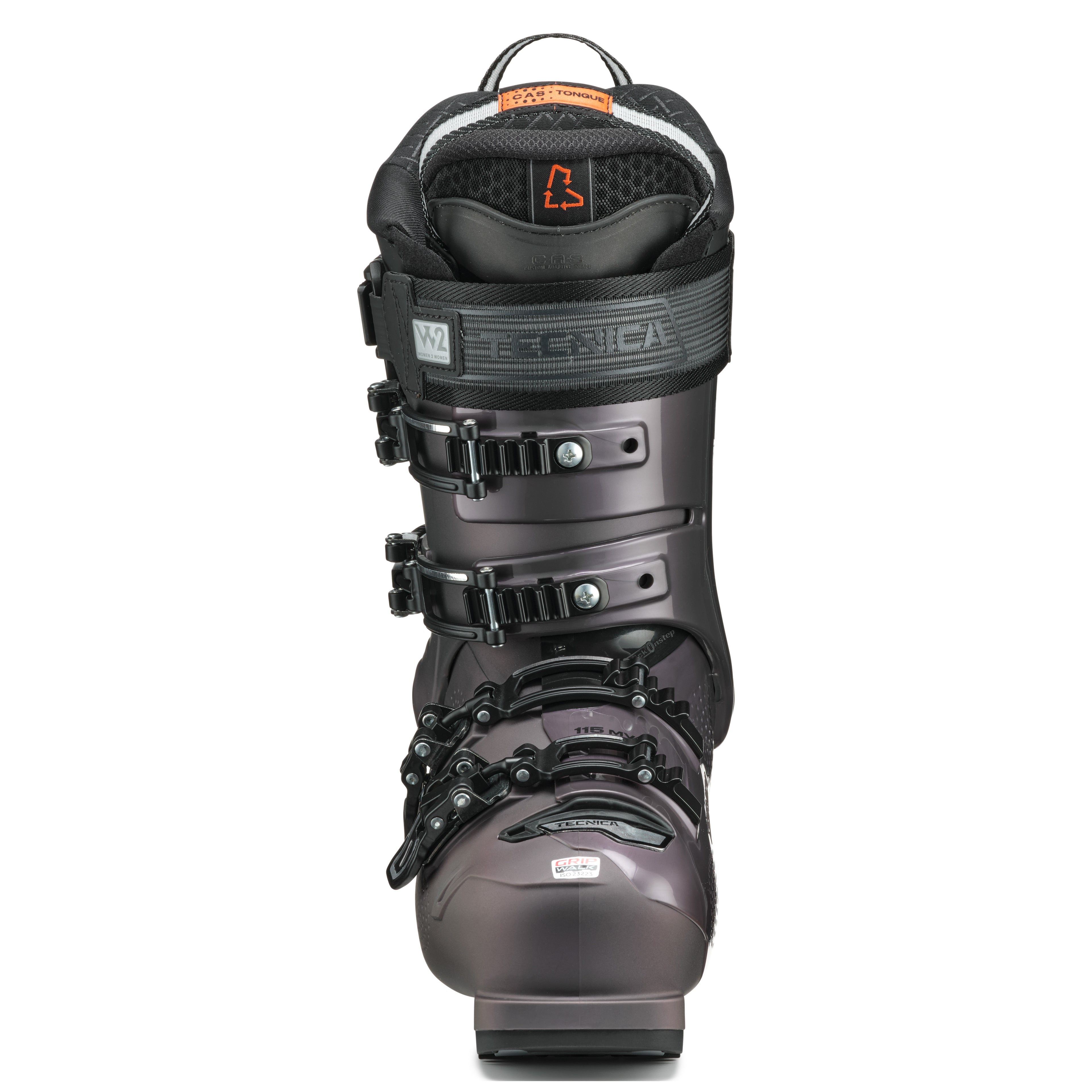 Black ski boot with visible brand logo on a white background