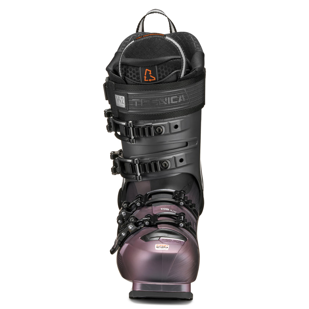 Black and purple ski boot with Technica branding on a white background