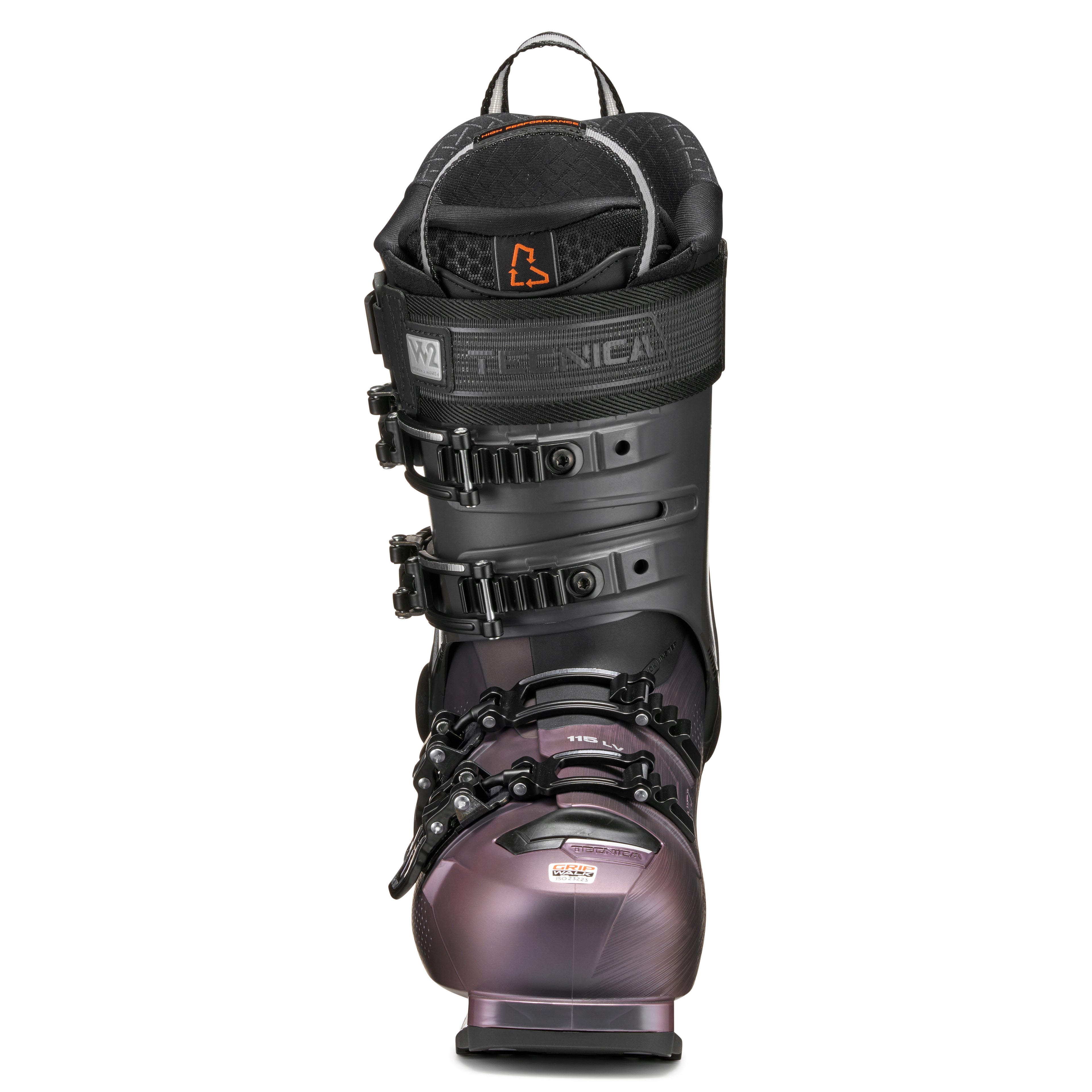 Black and purple ski boot with Technica branding on a white background