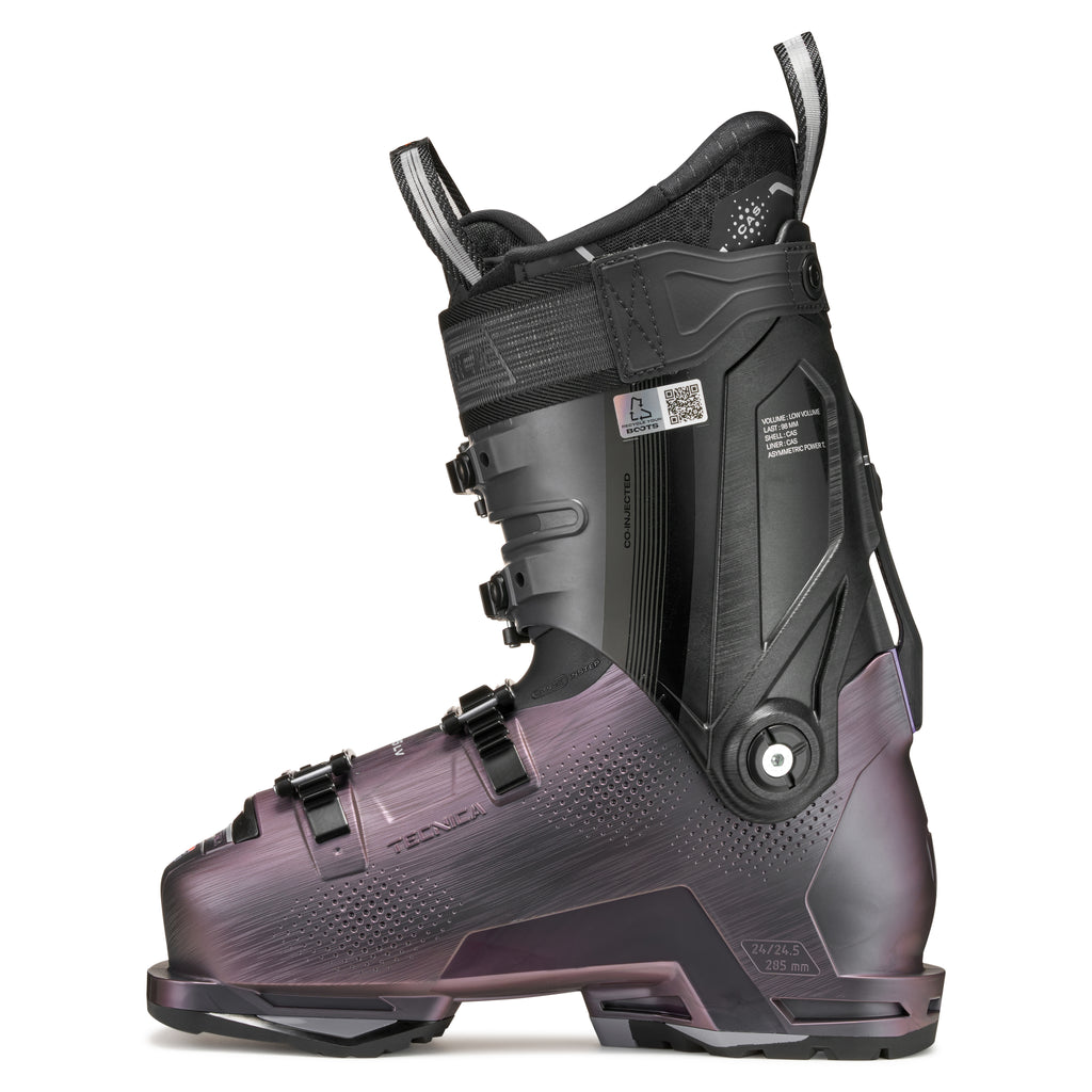 Black and purple ski boot on a white background