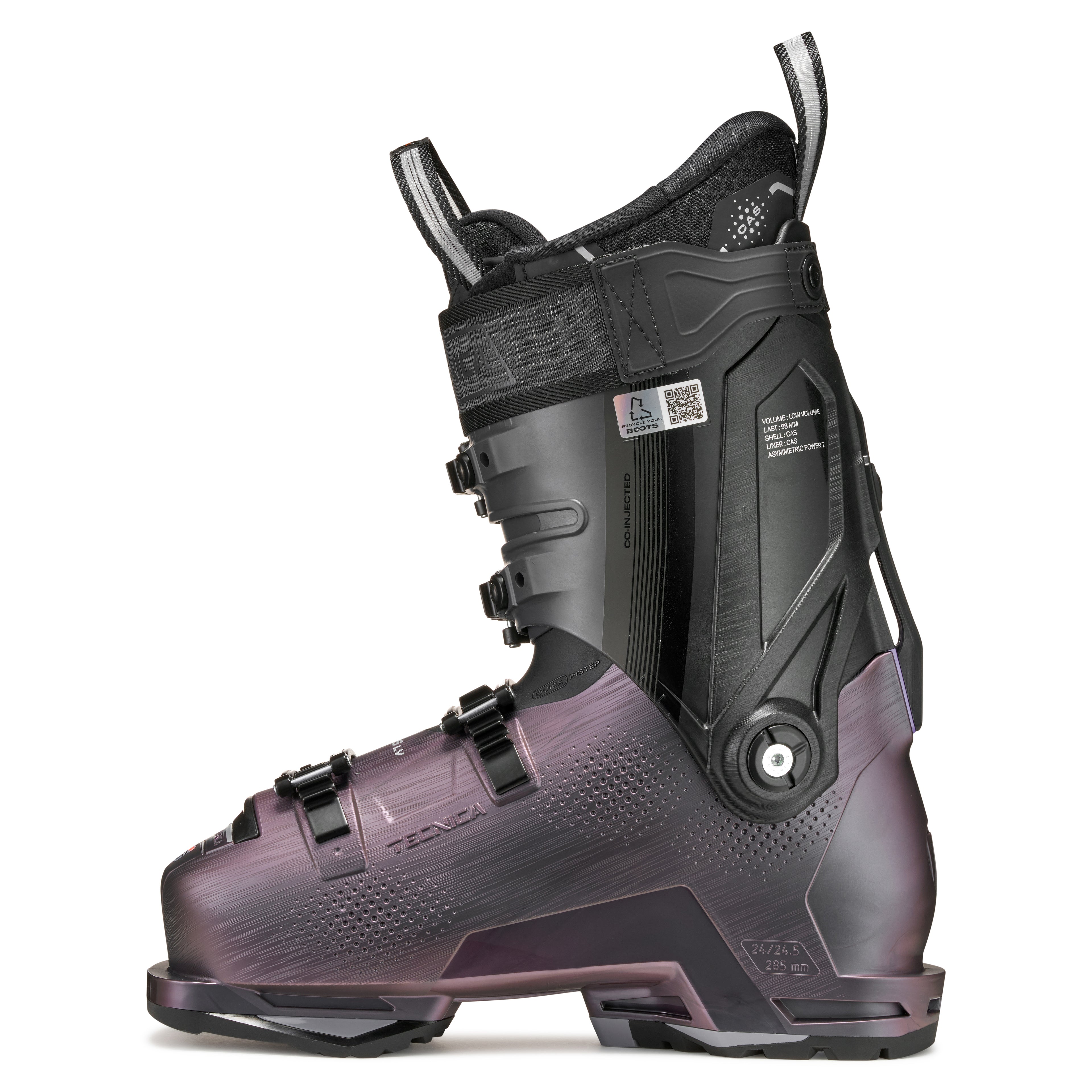 Black and purple ski boot on a white background