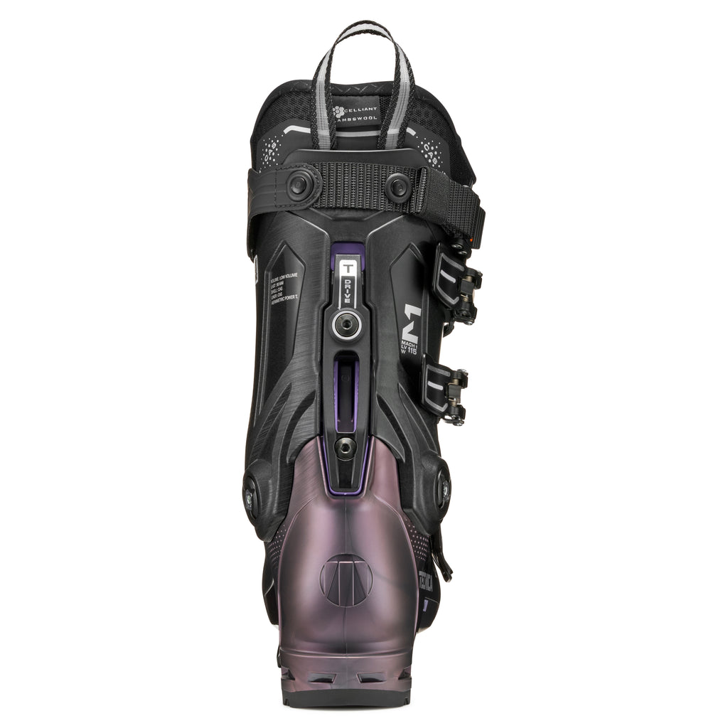 Black and purple ski boot on a white background