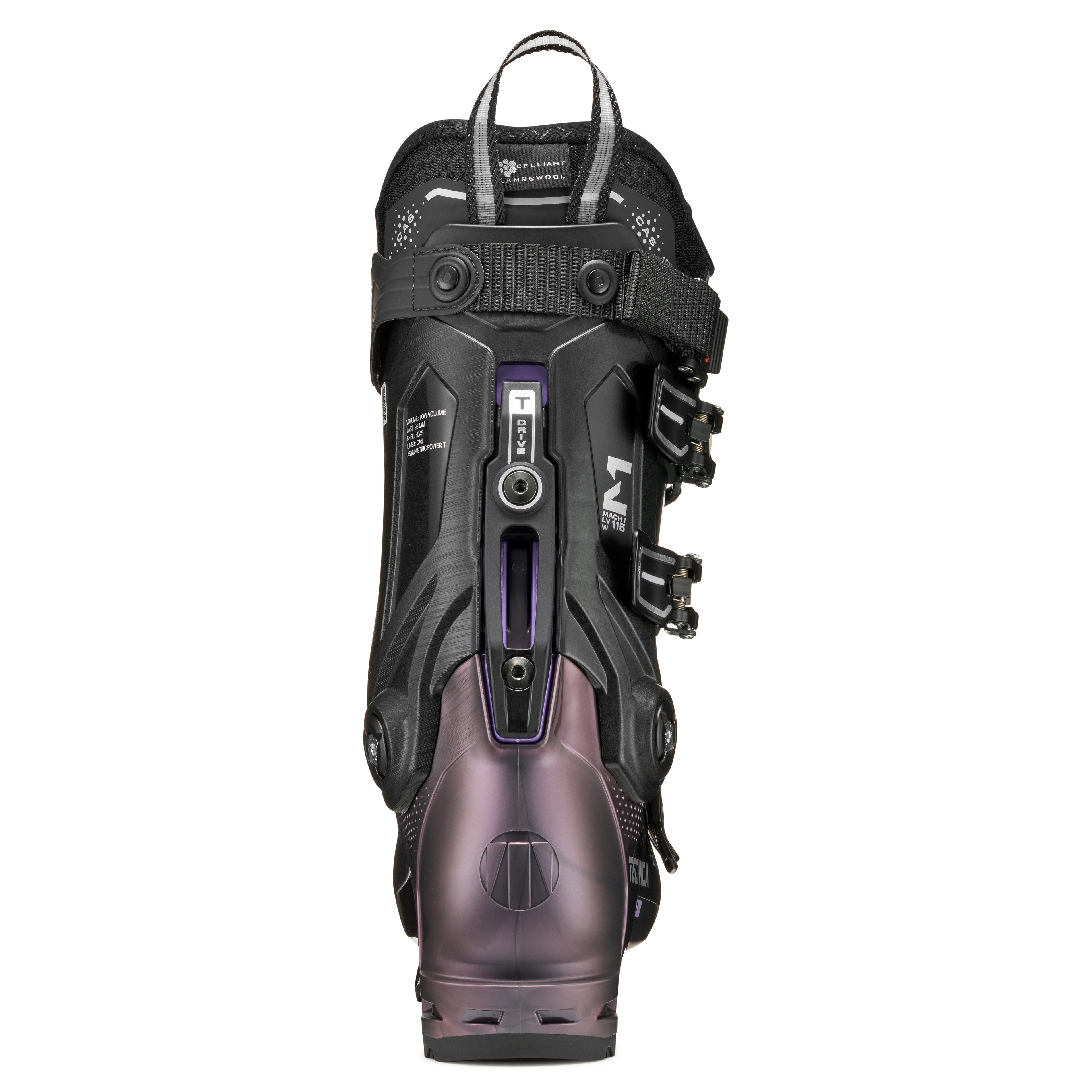 Black and purple ski boot on a white background