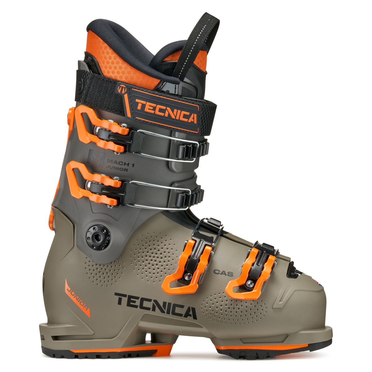 Tecnica ski boot with orange and black accents on a white background