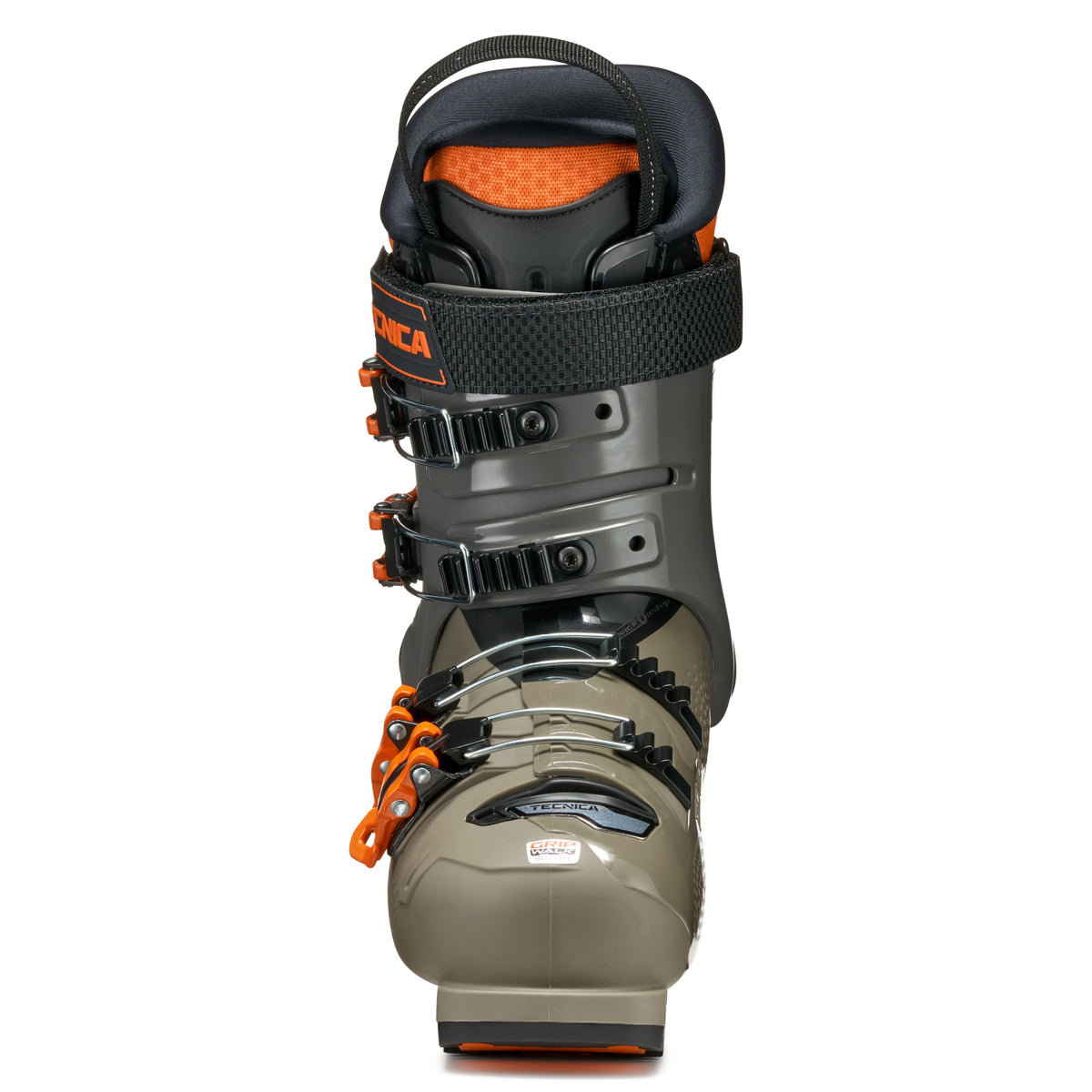 Ski boot with orange accents on a white background
