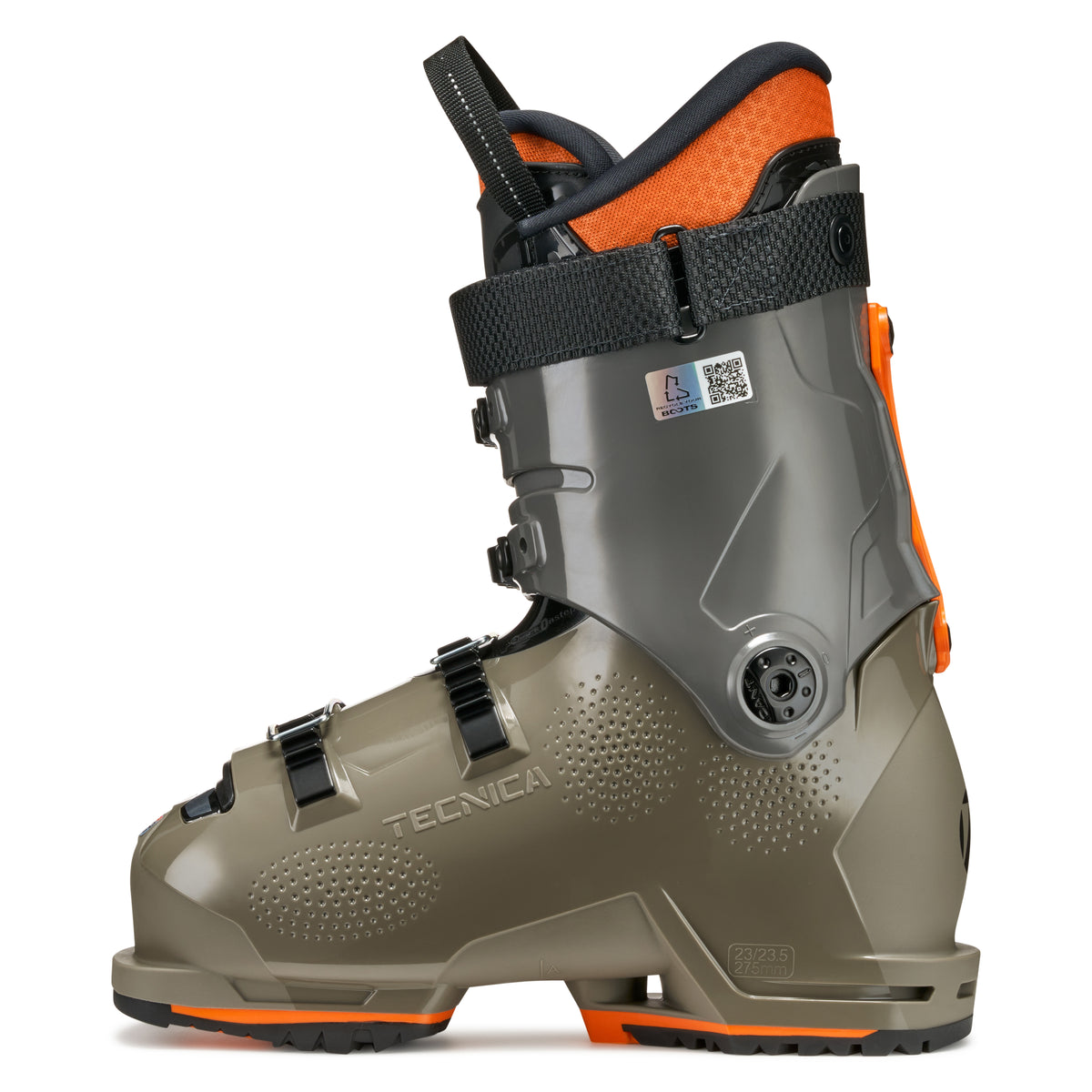Gray and orange ski boot with Tecnica branding on a white background