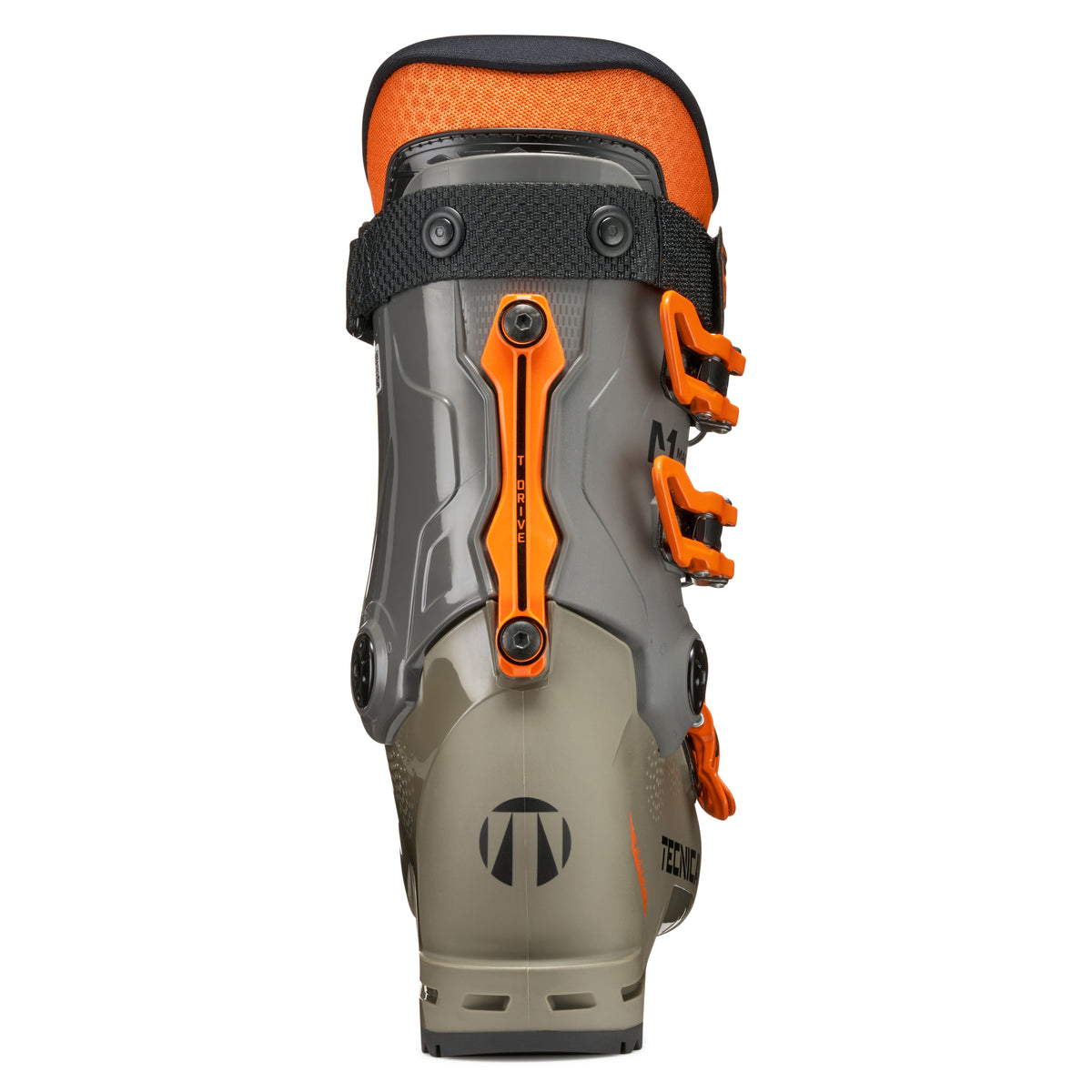 Gray and orange ski boot on a white background