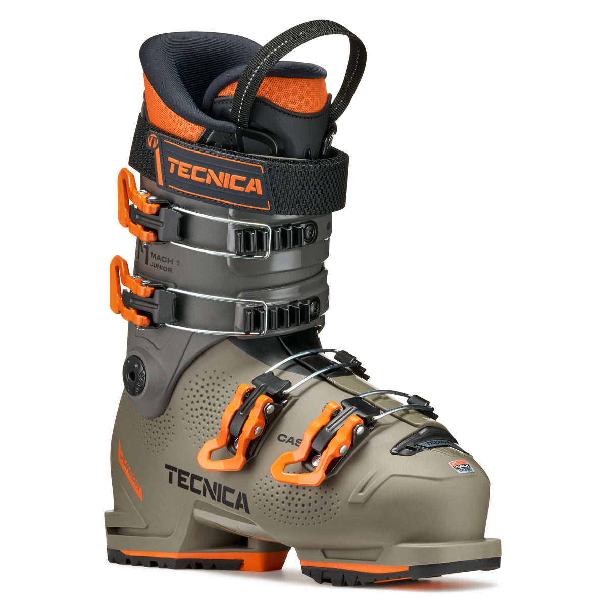Tecnica ski boot with orange accents on a white background