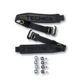 Two black Tecnica boot straps with metal buckles and a set of blue and silver hardware screws, displayed on a clean white background.