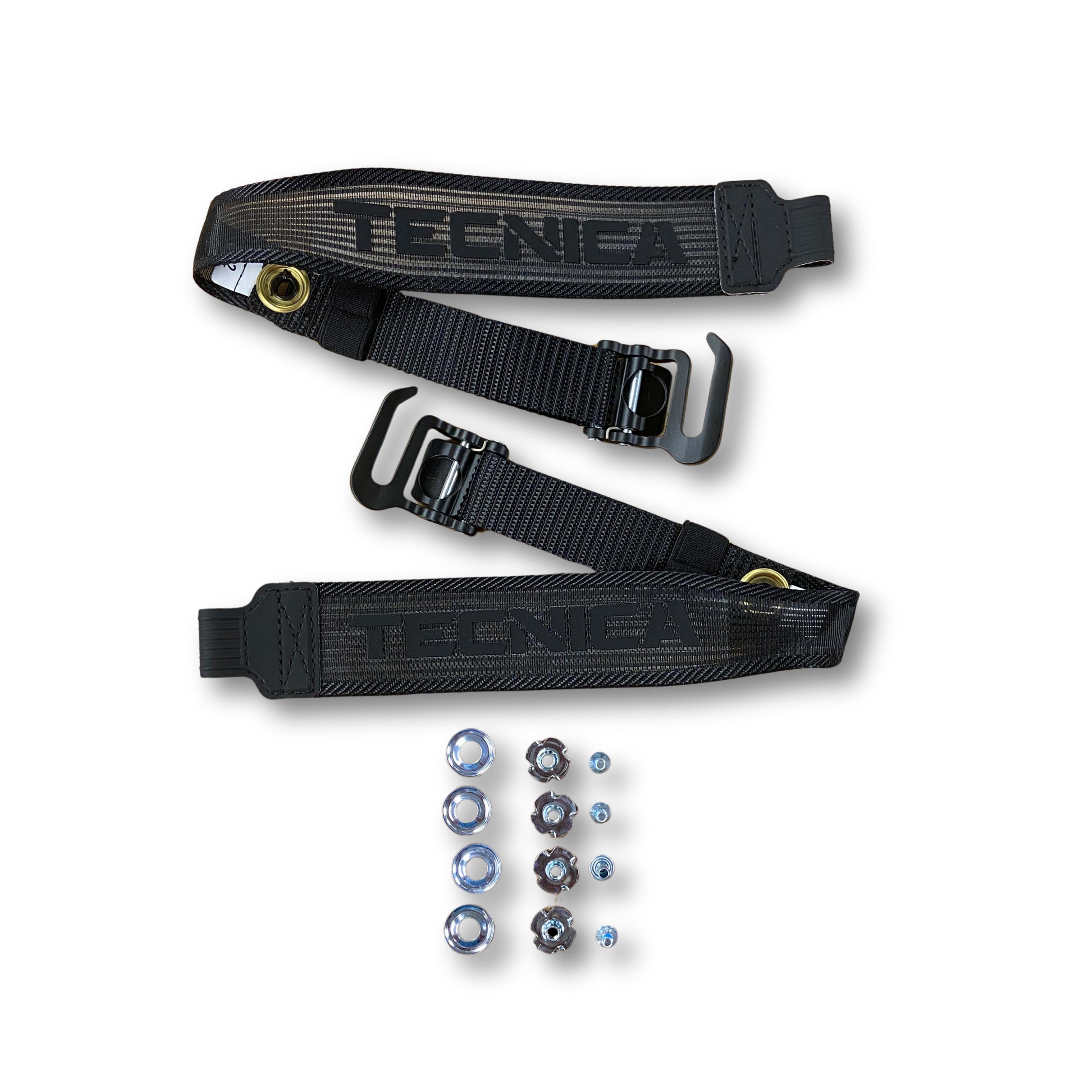Two black Tecnica boot straps with metal buckles and a set of blue and silver hardware screws, displayed on a clean white background.