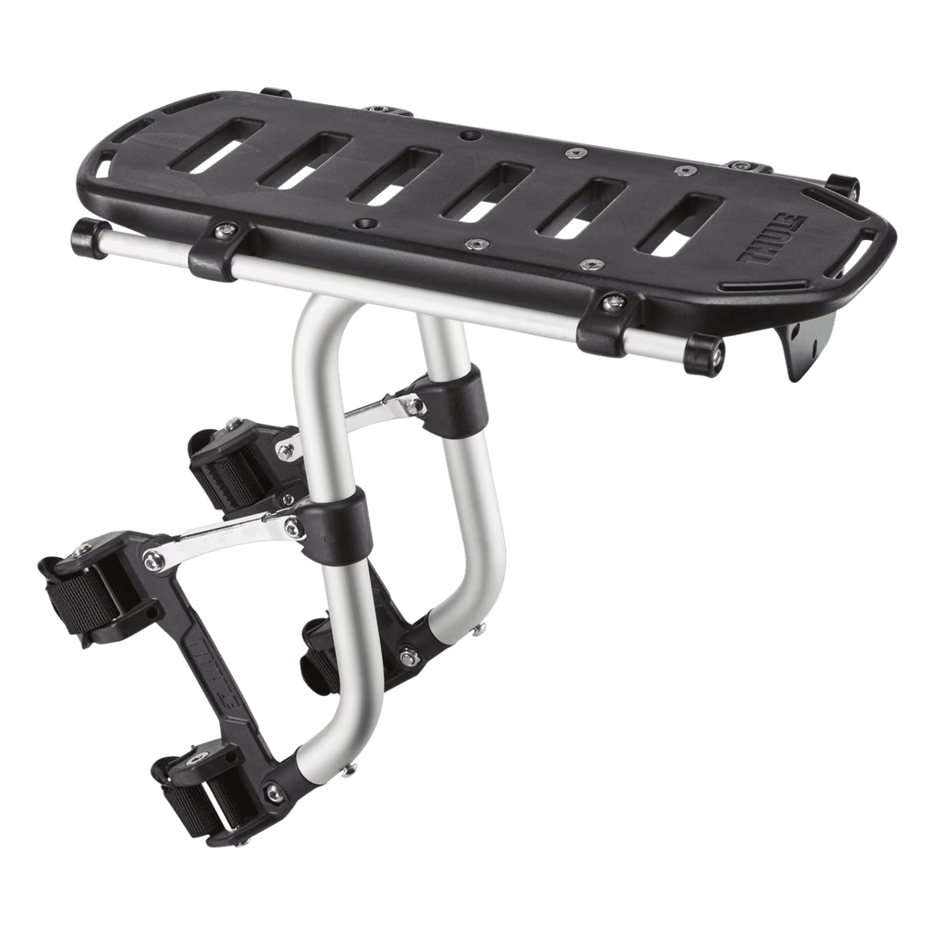 A Thule bicycle rear rack with a black textured top platform and silver metal support tubes, shown on a plain white background.