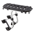 A Thule bicycle rear rack with a black textured top platform and silver metal support tubes, shown on a plain white background.