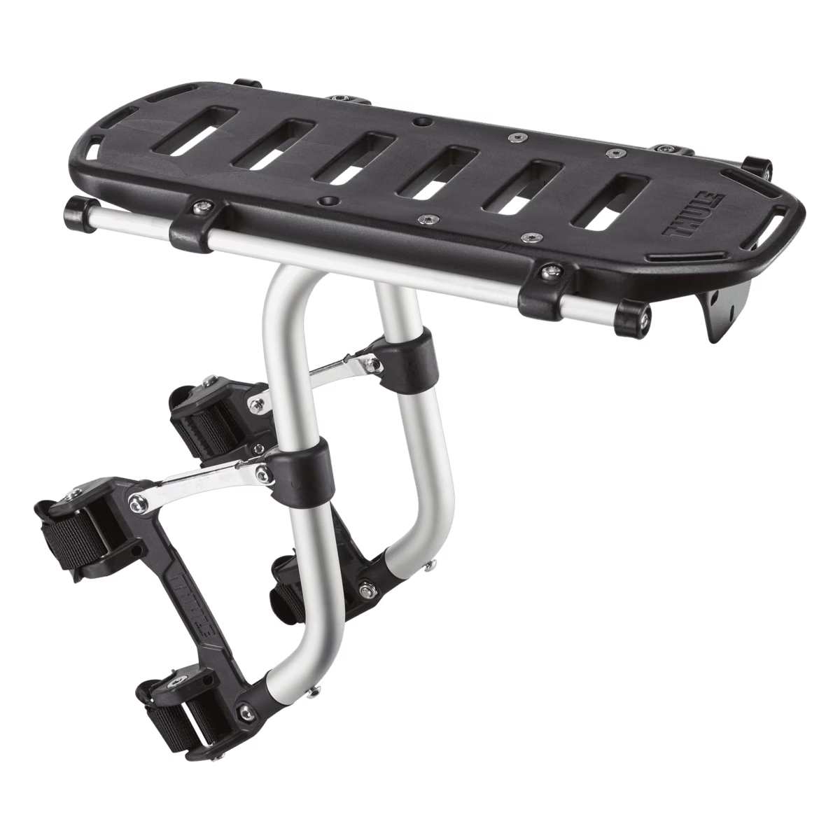 A Thule bicycle rear rack with a black textured top platform and silver metal support tubes, shown on a plain white background.