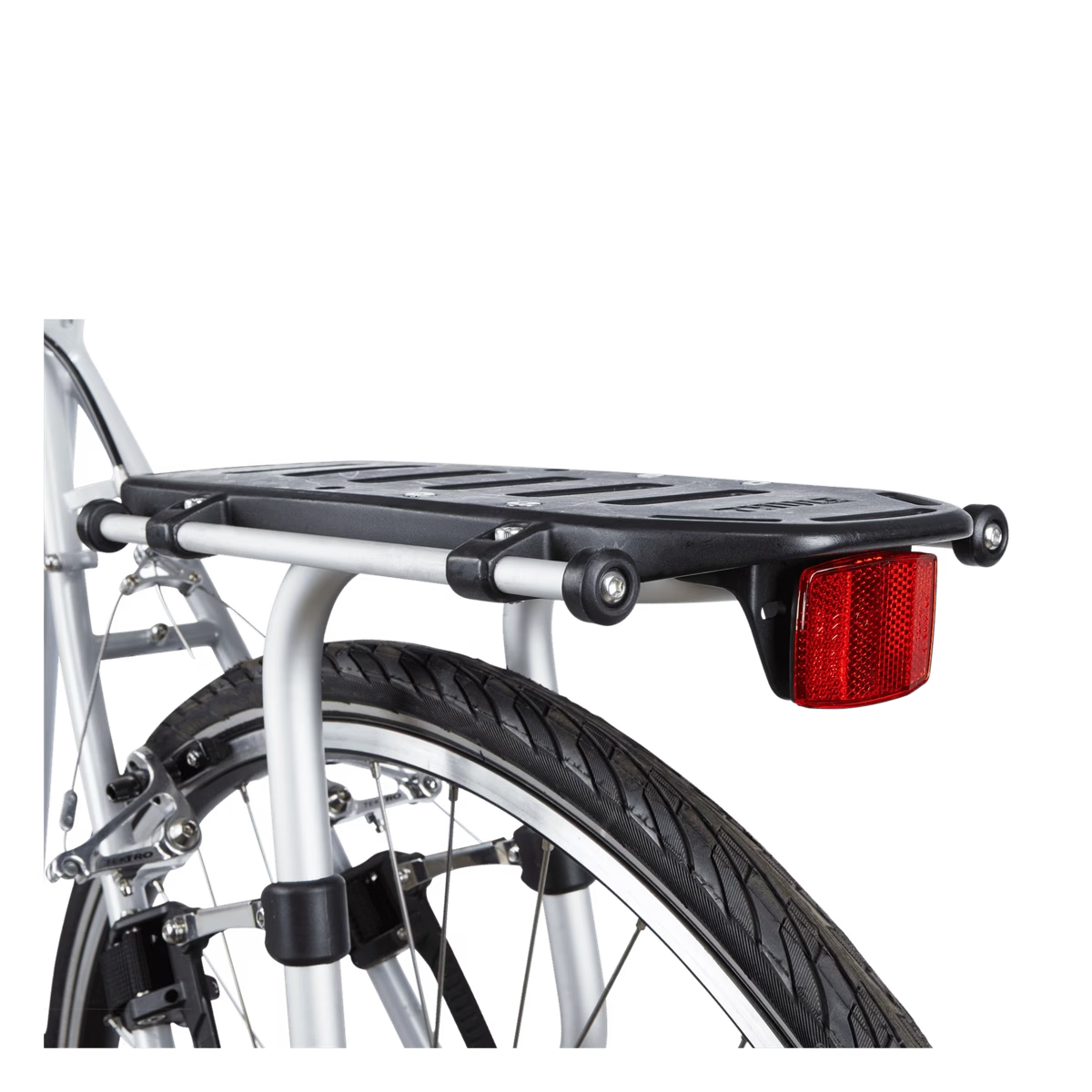 A black bicycle rear cargo rack with a red reflector, mounted on a silver bicycle frame against a white background.