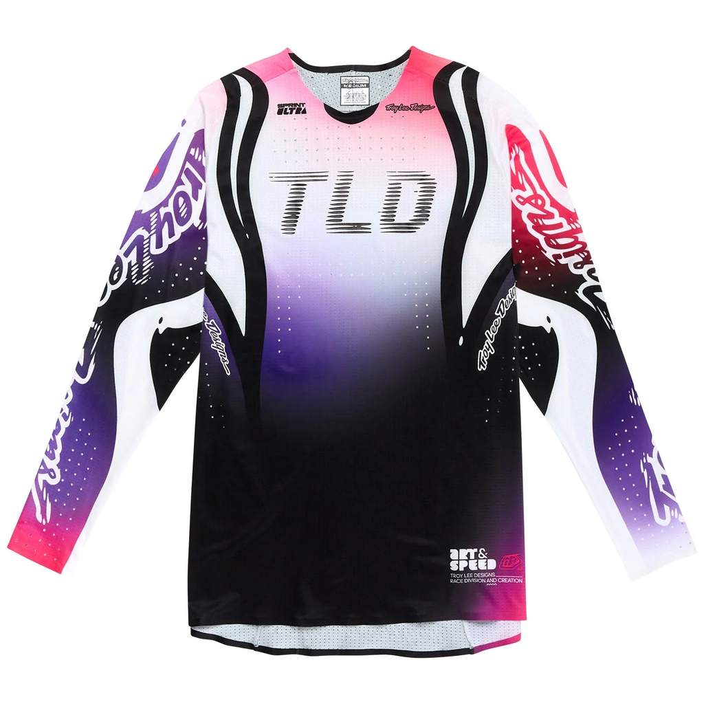 Colorful mountain biking jersey with gradient design on a white background