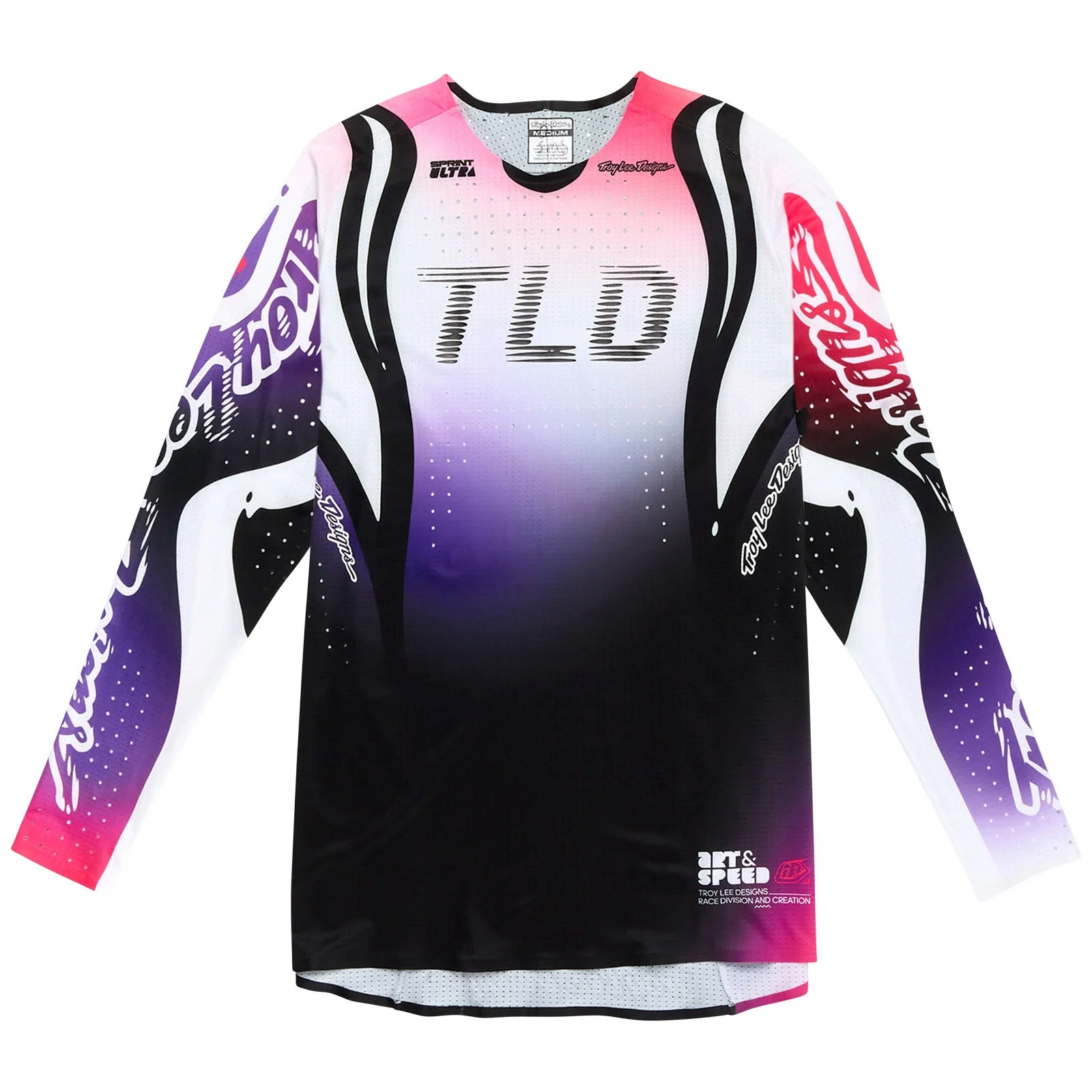 Colorful mountain biking jersey with gradient design on a white background